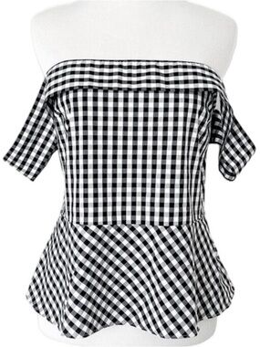 EXPRESS Off-Shoulder Black & White Gingham Plaid Peplum Top